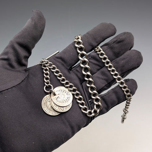 1900年頃 英国アンティーク 純銀製アルバートチェーン 48g  銀貨フォブ